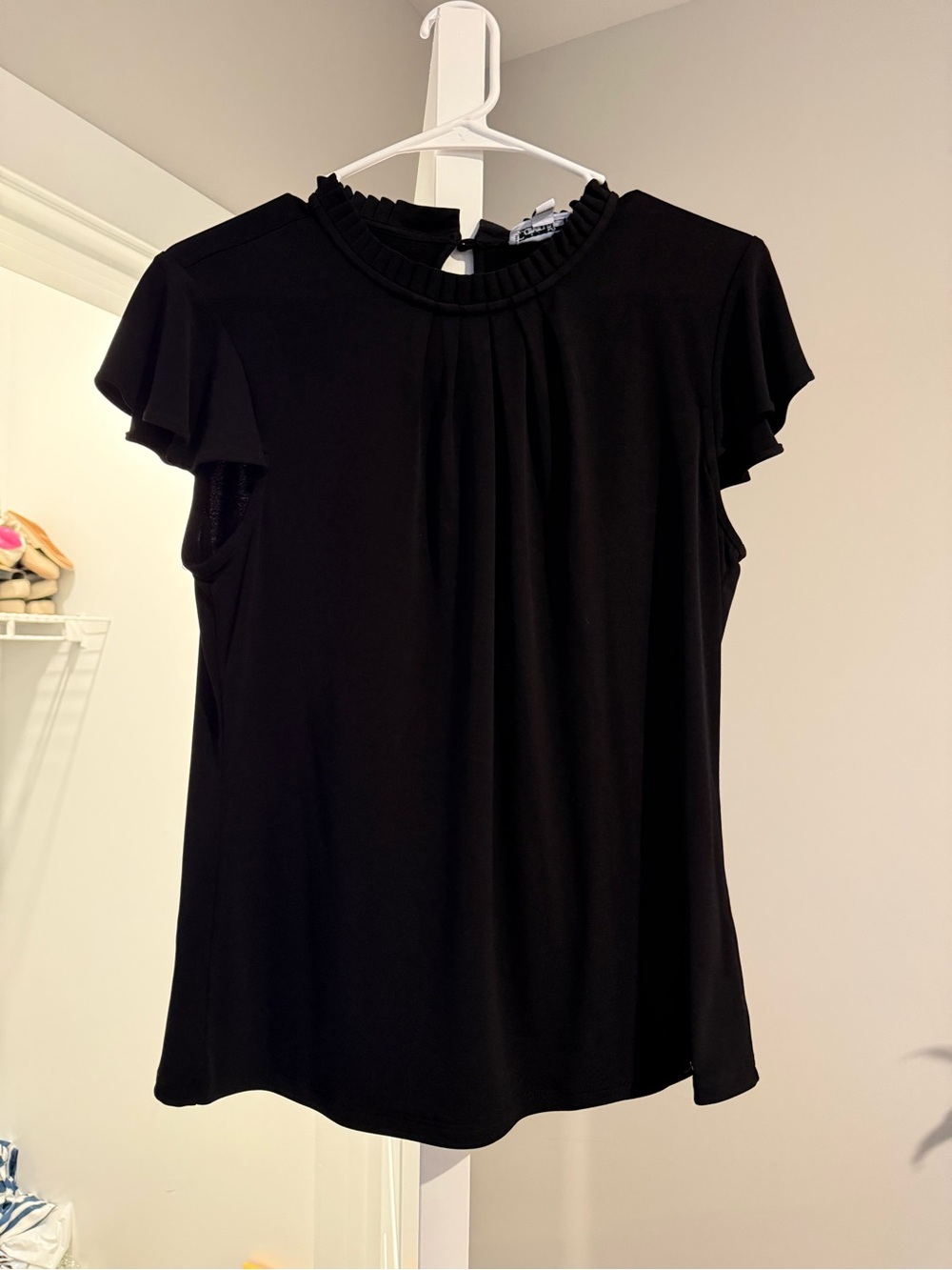 Calvin Klein Black Ruffle-Neck Flutter Sleeve Blouse